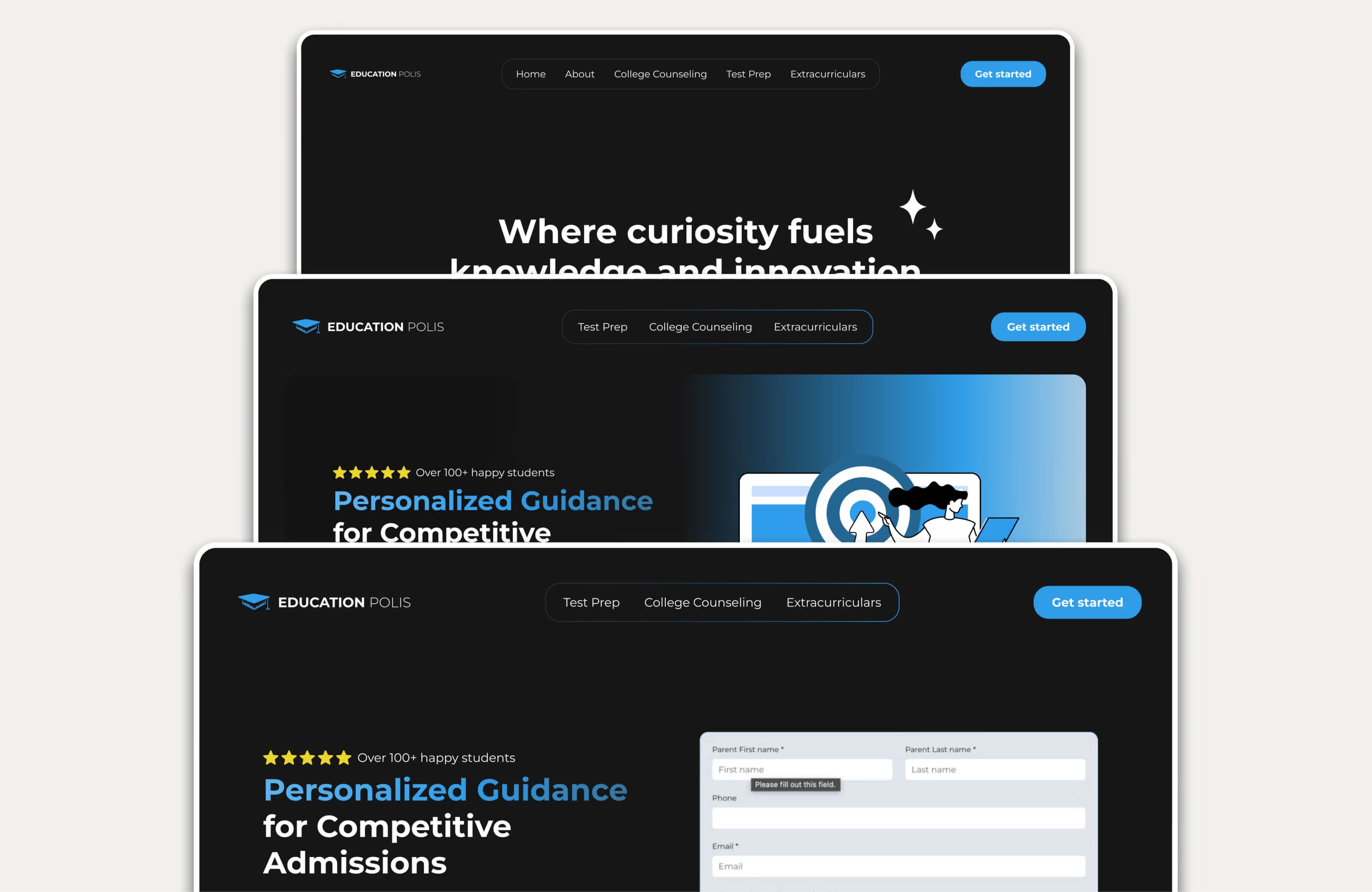 Previous iterations of hero sections stacked on top of each other and fanned like cards. 