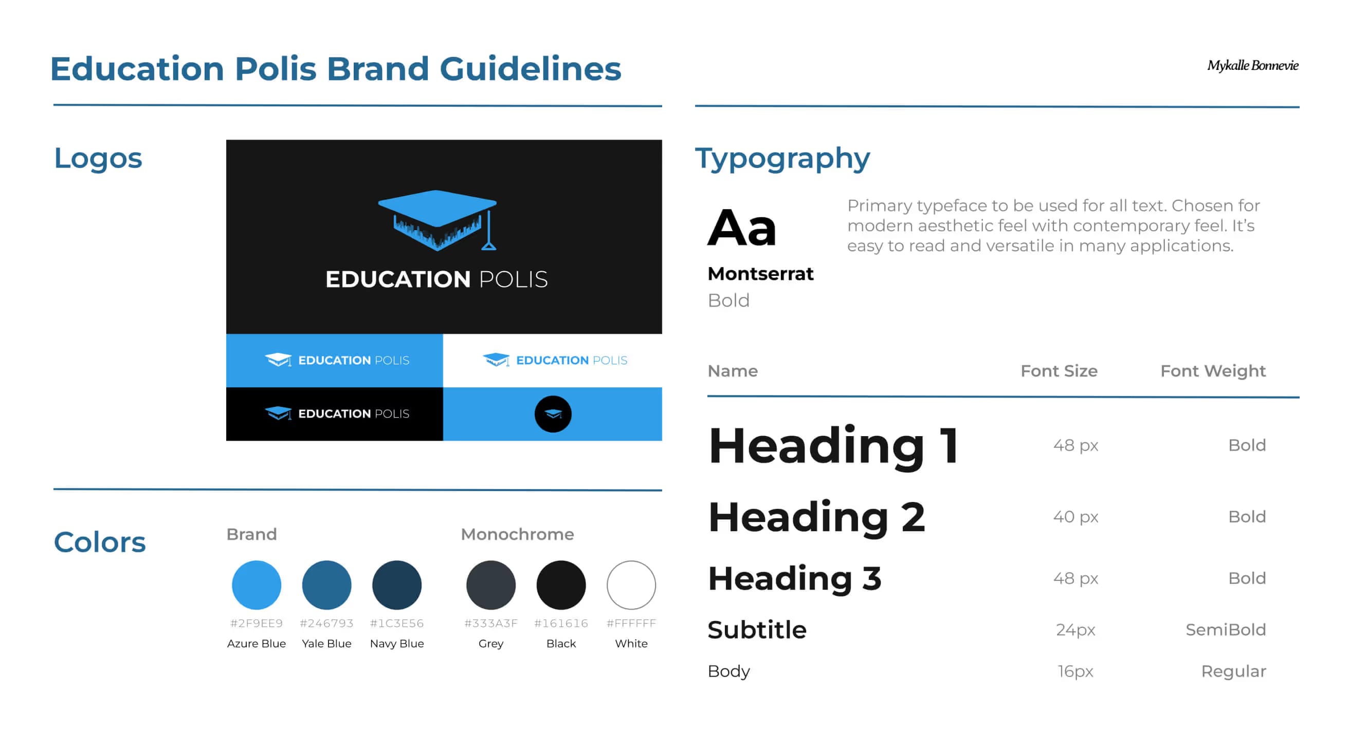 education polis' style guide. Features black and blue color choices and font choices