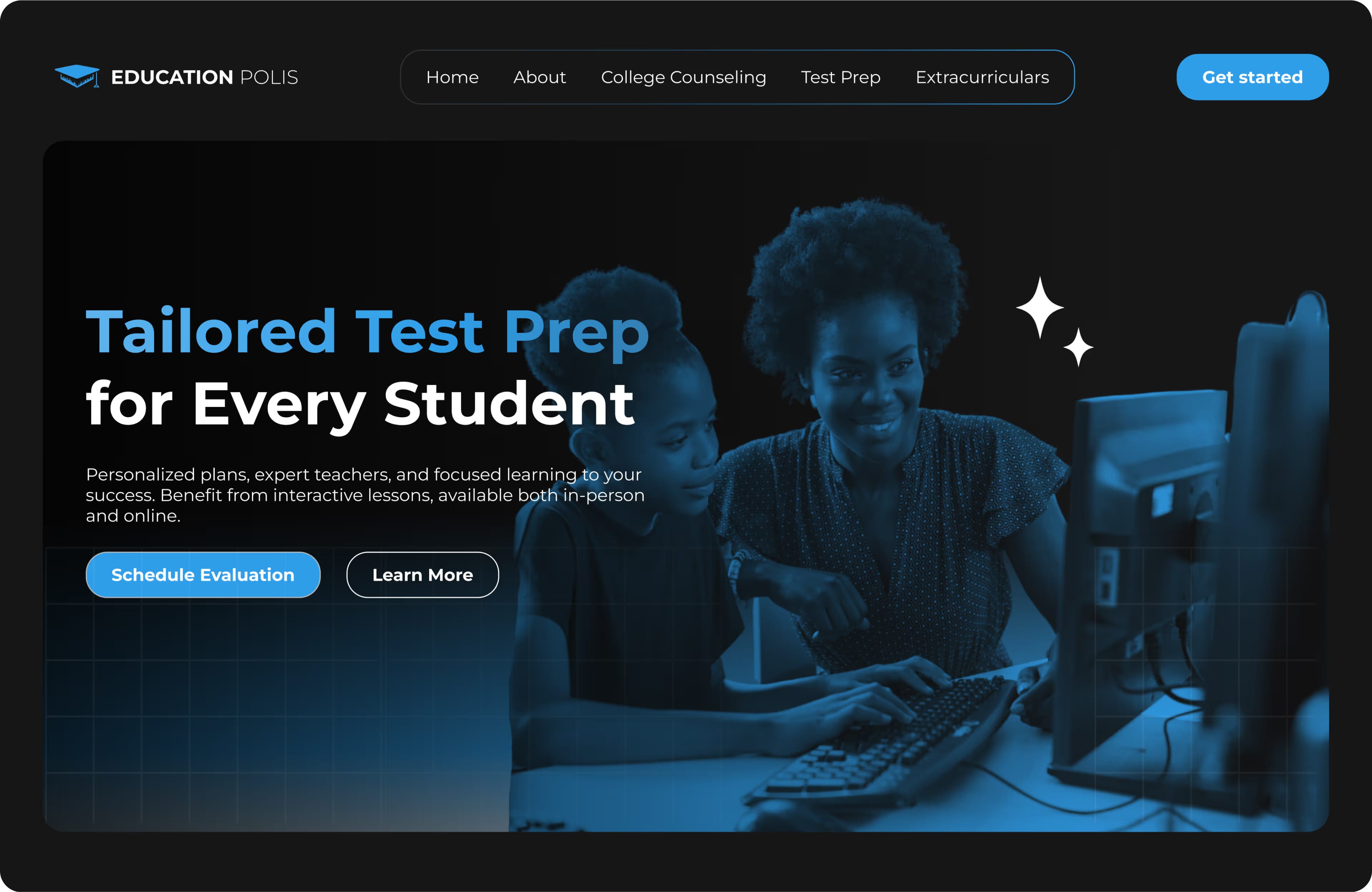 First hero section iteration of site. Has teacher overseeing a student as the main hero image
