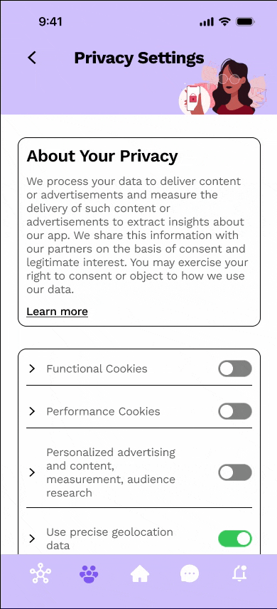 privacy toggles that allow users to switch on and off what data we collect from them