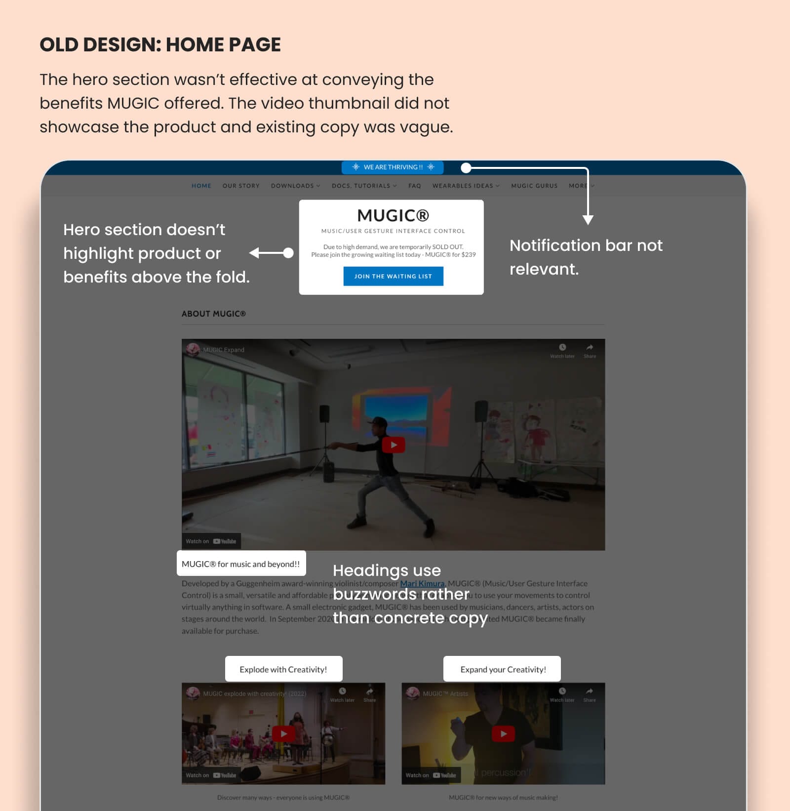 annotation of old mugic home page demonstrating how the hero section wasn't effective at conveying benefits