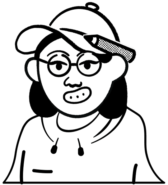 vector illustration of mykalle bonnevie, black and white, has cap with pencil, glasses and is smiling really big