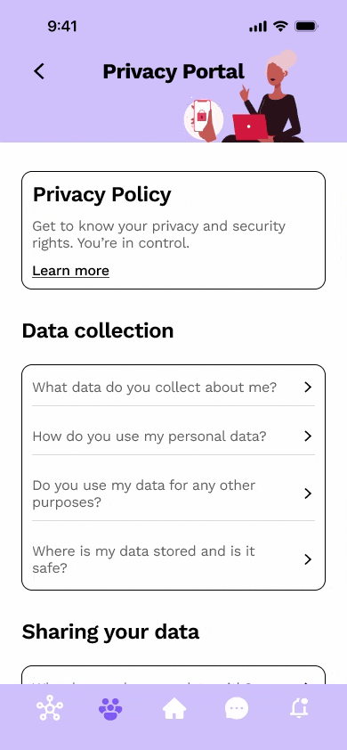 privacy portal for aware ai, has sections for common privacy questions with a breakdown of the privacy policy included