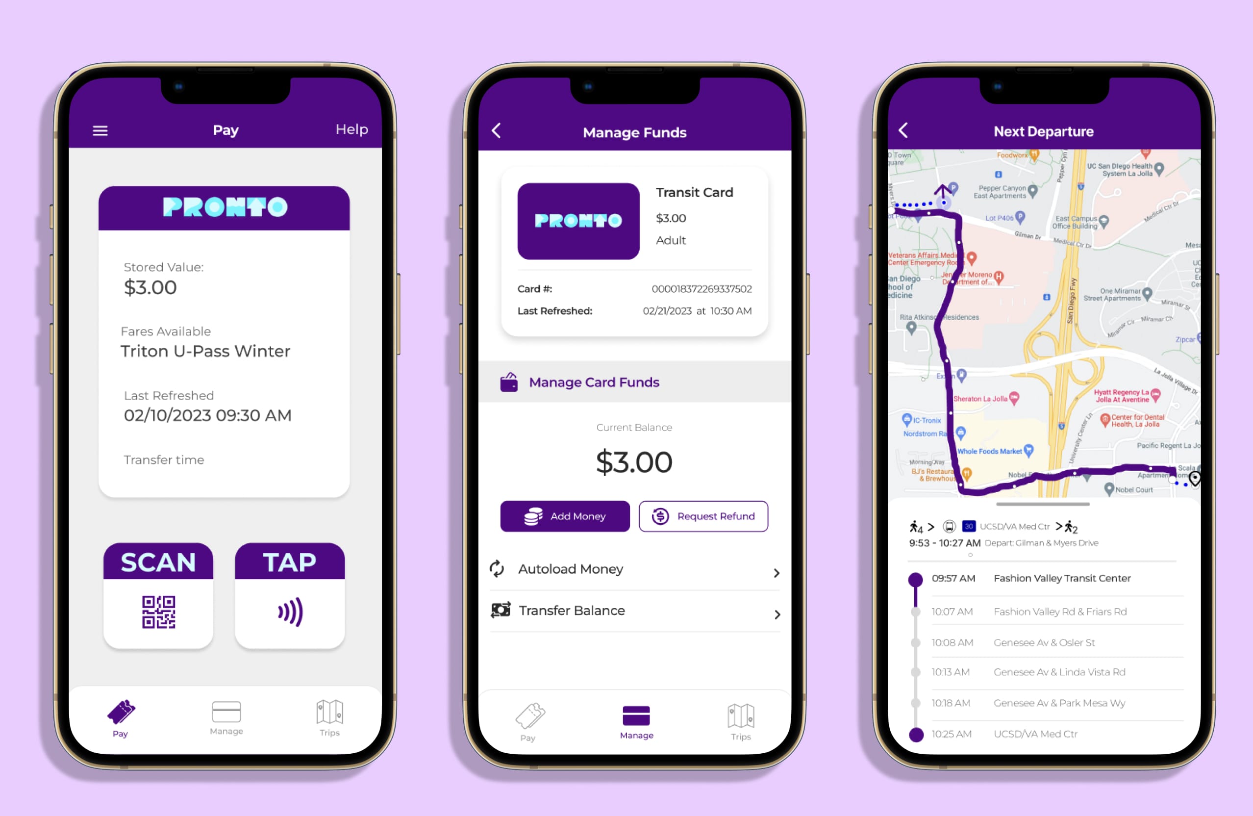 3 screens for public transportation app, pronto