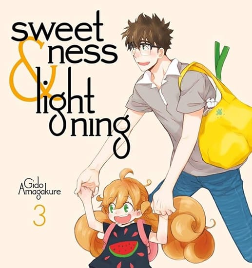 father and daughter from animated show sweetness and lightning buying groceries together
